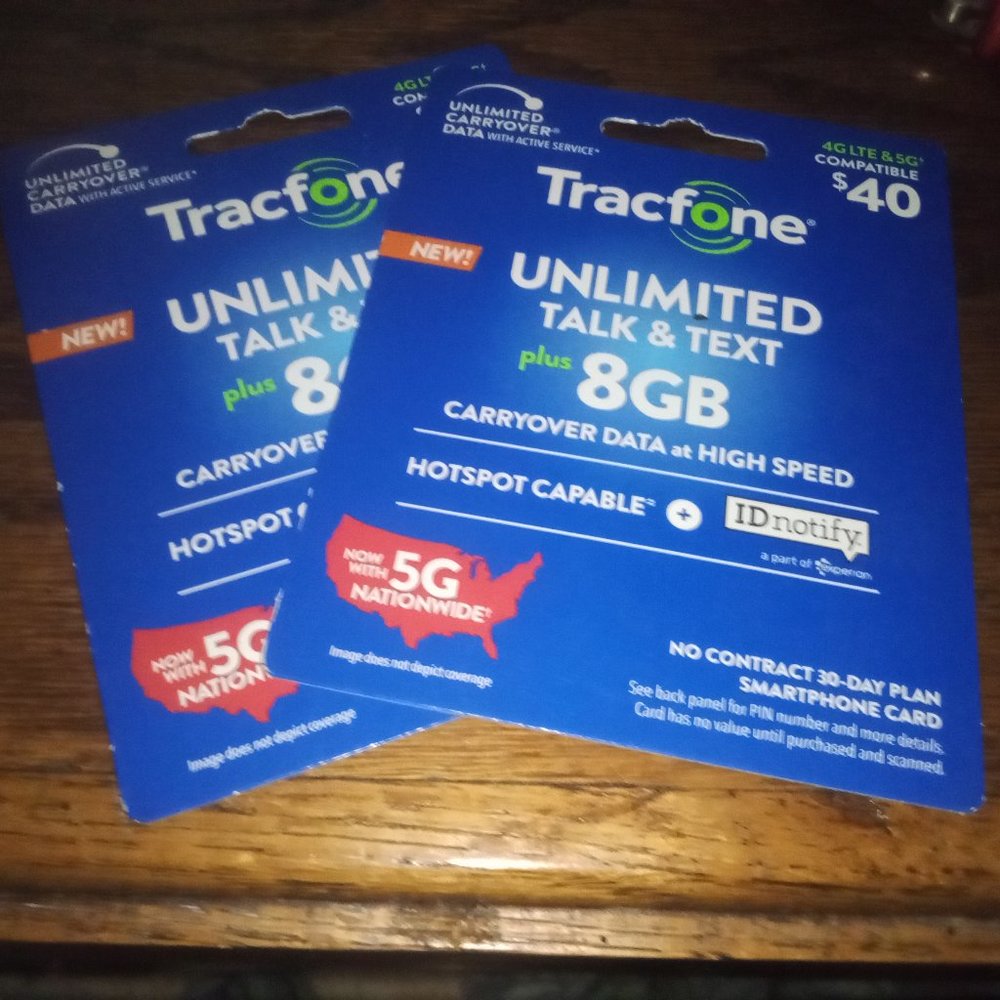 Two TracFone Unlimited Talk and Text Phone Cards